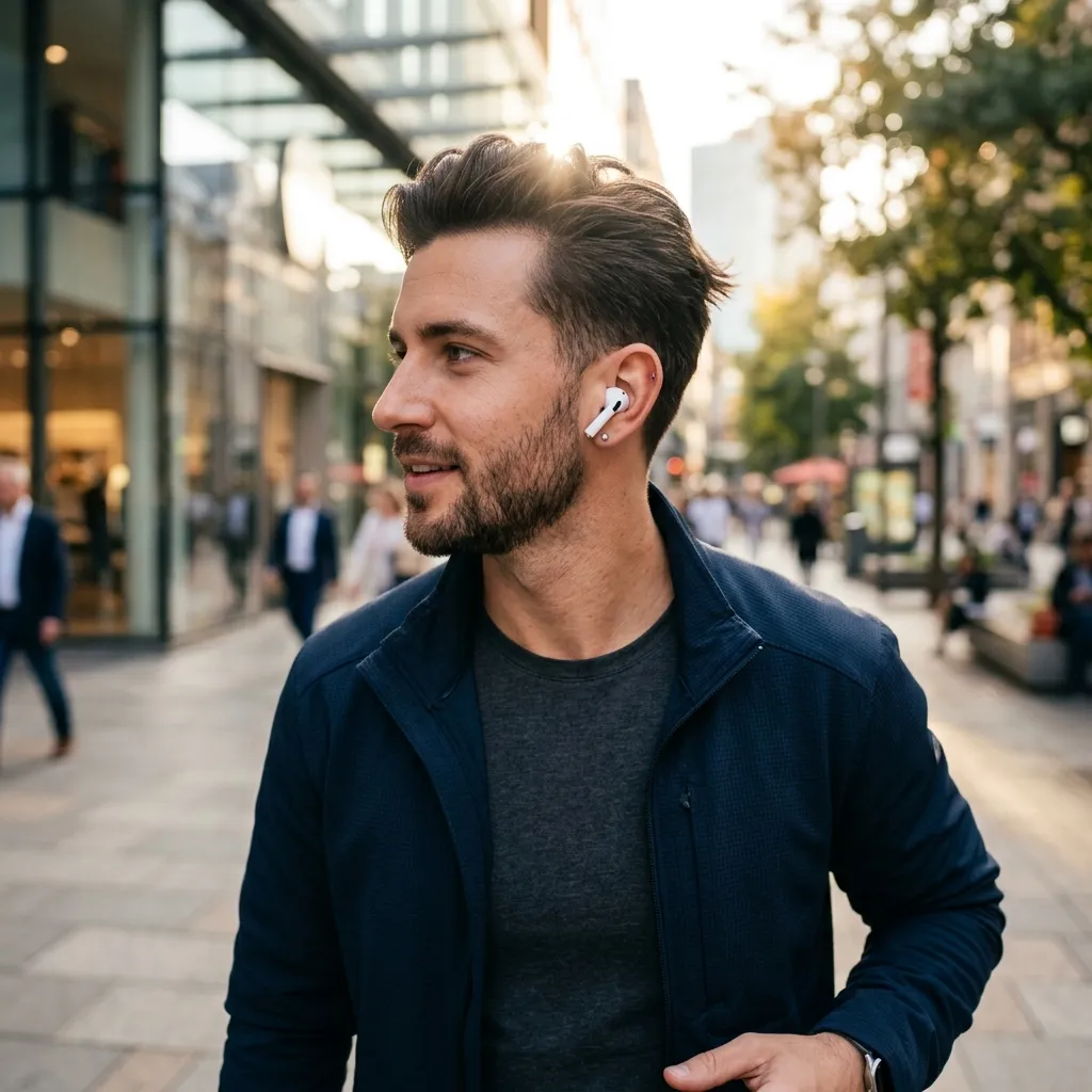 Homem sorridente usando o fone de ouvido Apple AirPods 2ª Geração em perfil na rua comercial moderna