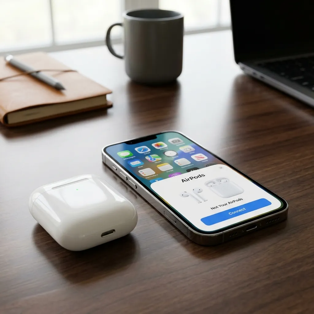 Estojo de recarga dos AirPods 2 aberto posicionado ao lado de um smartphone iPhone que mostra notificação de conexão rápida