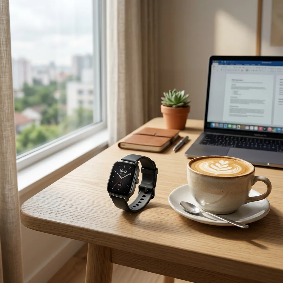 Xiaomi Amazfit GTS repousando elegantemente sobre uma mesa de madeira moderna ao lado de uma xícara de café quente em um escritório ensolarado