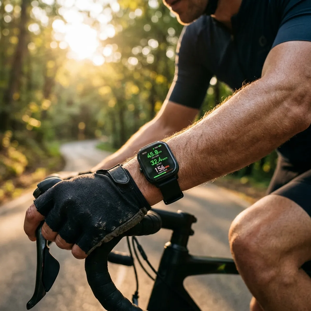 Xiaomi Amazfit GTS no pulso de um ciclista em uma trilha ao ar livre sob a luz dourada do sol da tarde, exibindo estatísticas de velocidade e distância