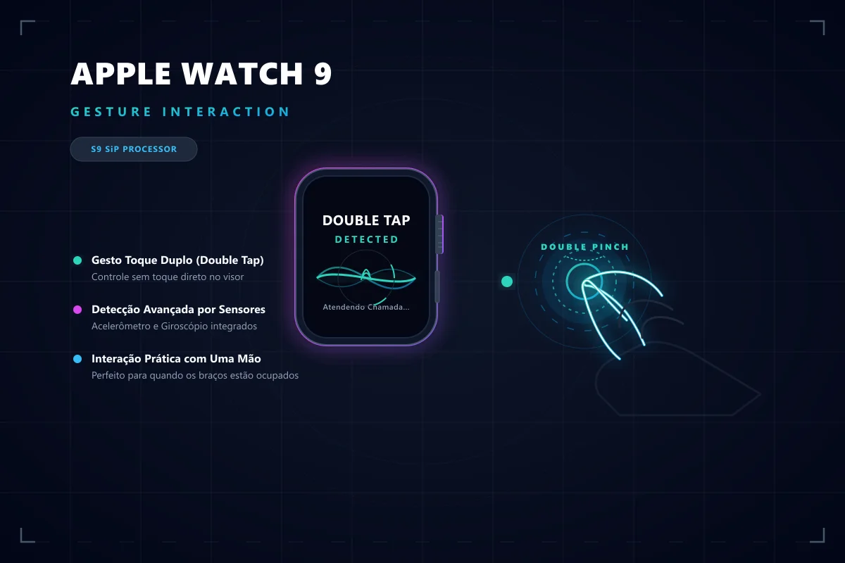 Esquema técnico do Apple Watch Series 9 demonstrando o gesto de Toque Duplo (Double Tap)