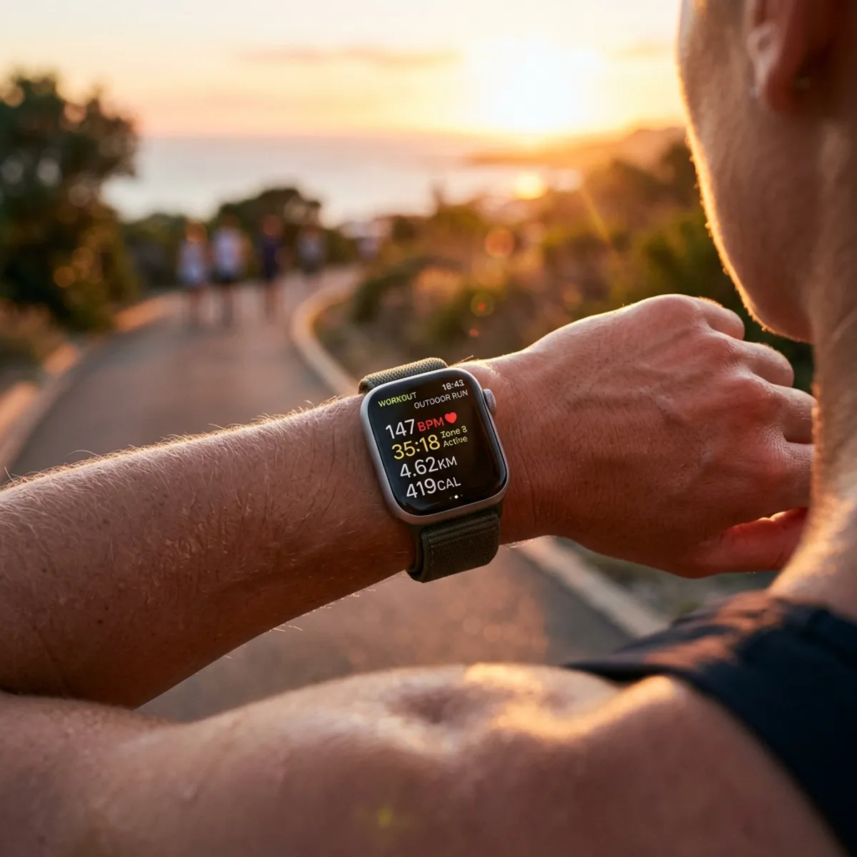 Visor do Apple Watch Series 9 exibindo dados de frequência cardíaca e zonas de treino durante uma corrida de rua ao pôr do sol