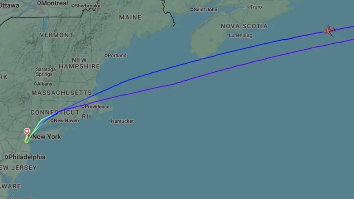 Mapa de rota do voo UA236 da United Airlines realizando curva de retorno sobre o Oceano Atlântico de volta a Nova York