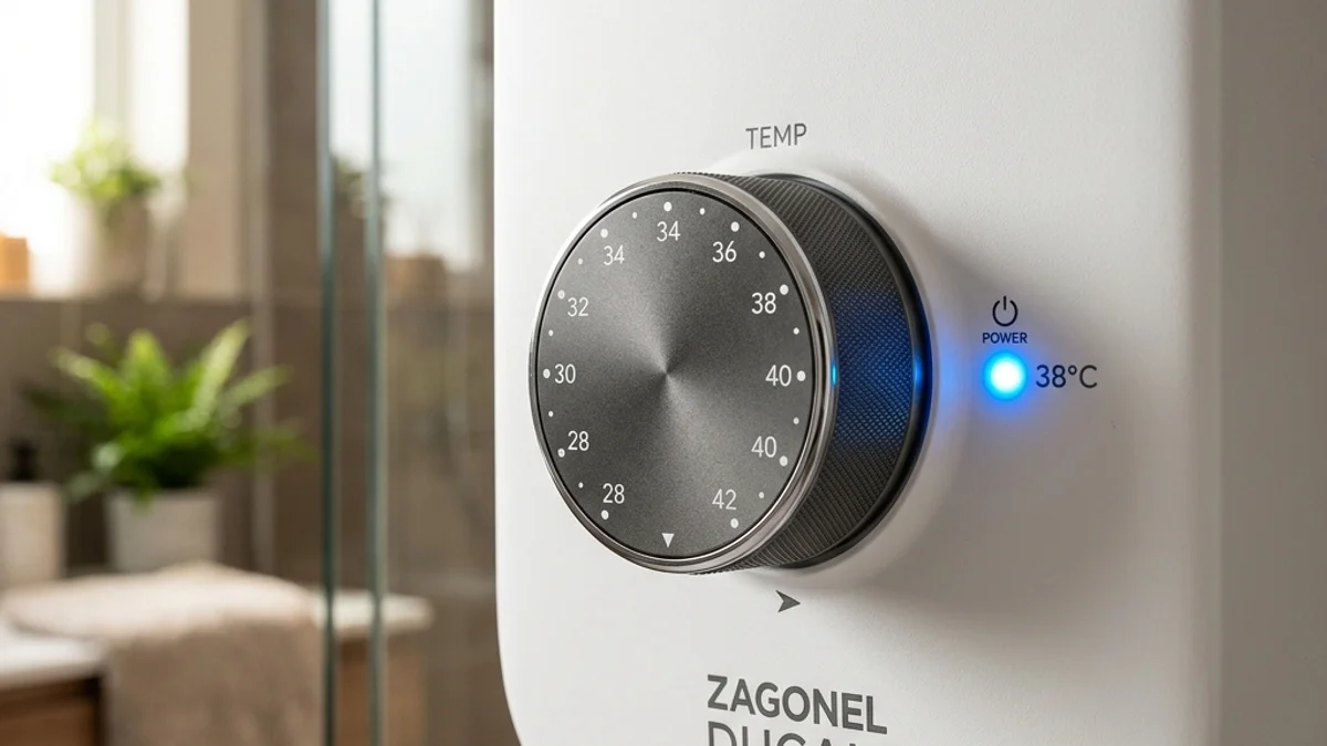 A elegante Ducha Eletrônica Zagonel Ducali em branco fosco instalada em uma luxuosa parede de azulejos cinza escuro, ligada e jorrando jatos de água paralelos perfeitamente alinhados sob iluminação de estúdio suave