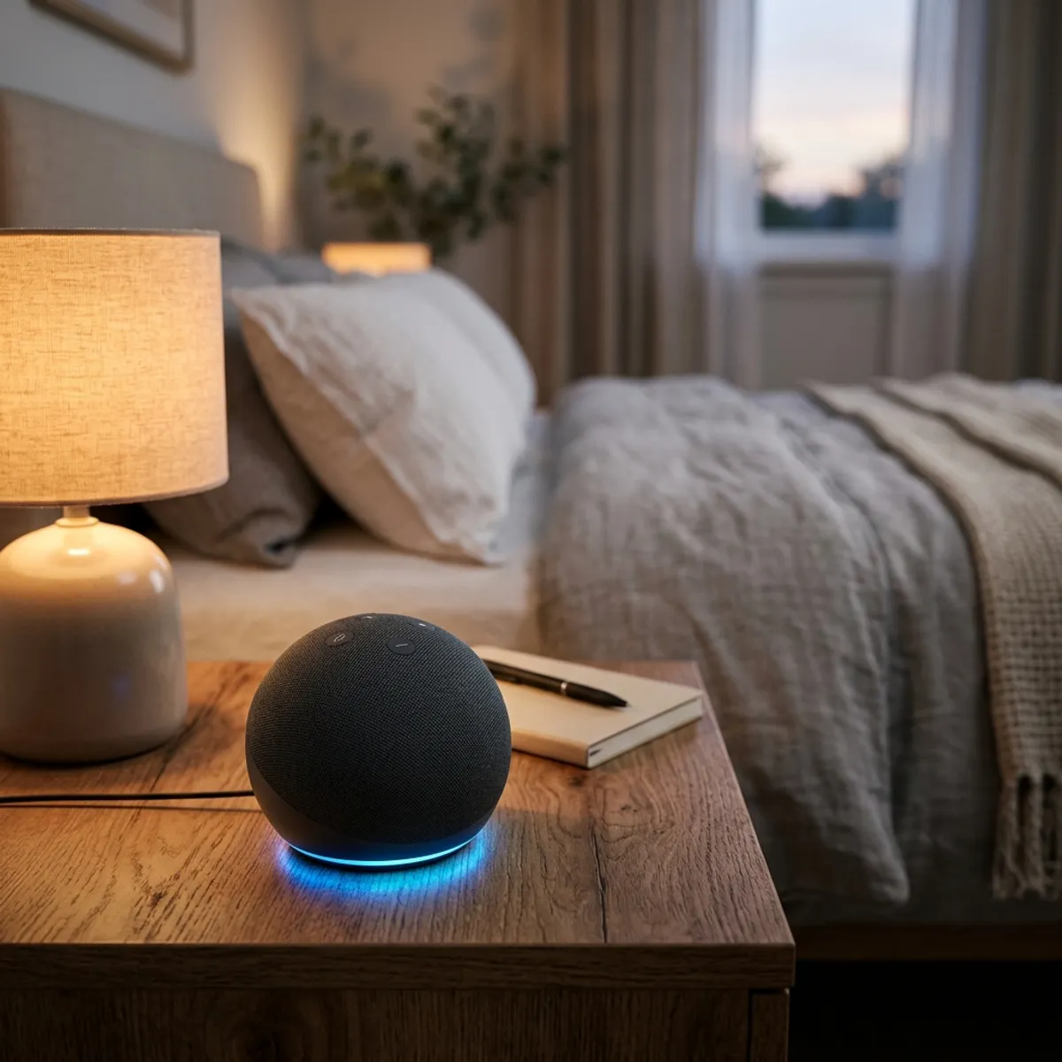 O smart speaker Amazon Echo Dot 5ª Geração posicionado de forma aconchegante em uma mesa de cabeceira de madeira ao lado de uma luminária suave e um caderno de notas com o anel de LED azul brilhando na base