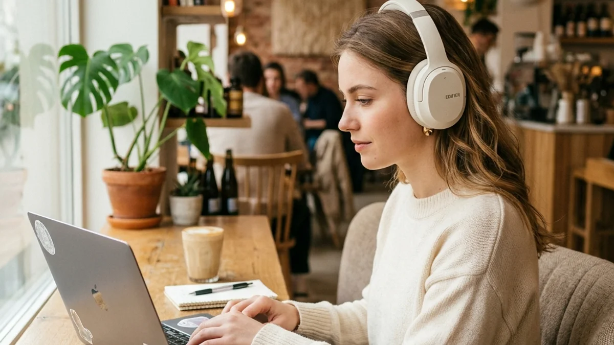 Um Edifier W820NB em destaque, mostrando o design e as almofadas