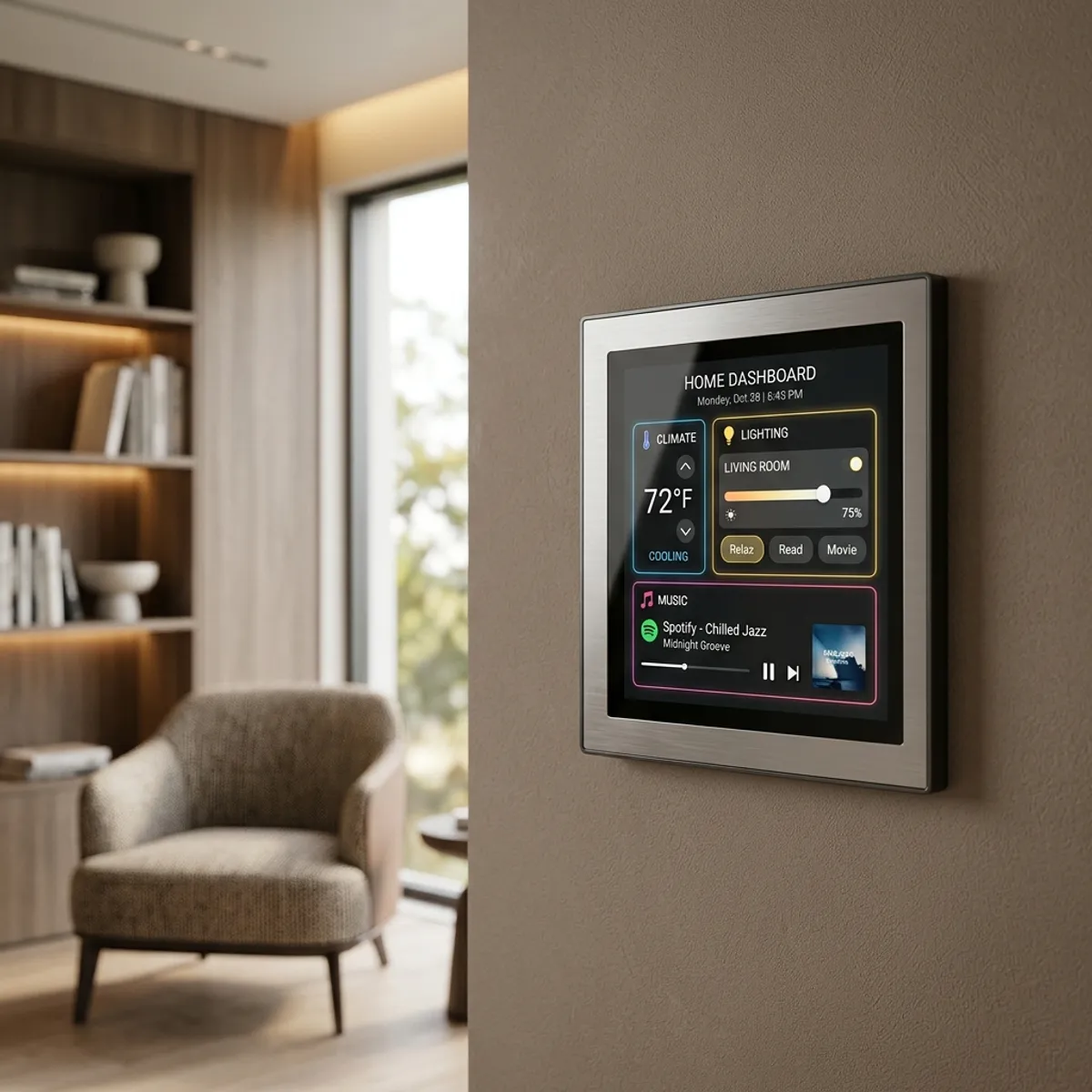 O elegante painel de controle digital touch screen EKAZA MiniPad instalado de forma embutida em uma moderna parede de sala de estar, com tela ativa exibindo o painel de controle residencial sob iluminação suave