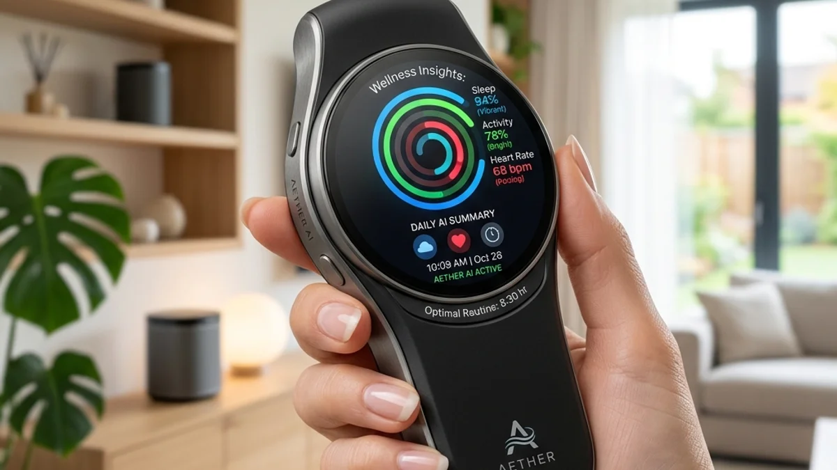 Uma seleção de gadgets modernos organizados sobre uma mesa de madeira, incluindo um anel inteligente de titânio escuro, um mouse ergonômico vertical futurista e um localizador de chaves sutil sob iluminação de estúdio suave