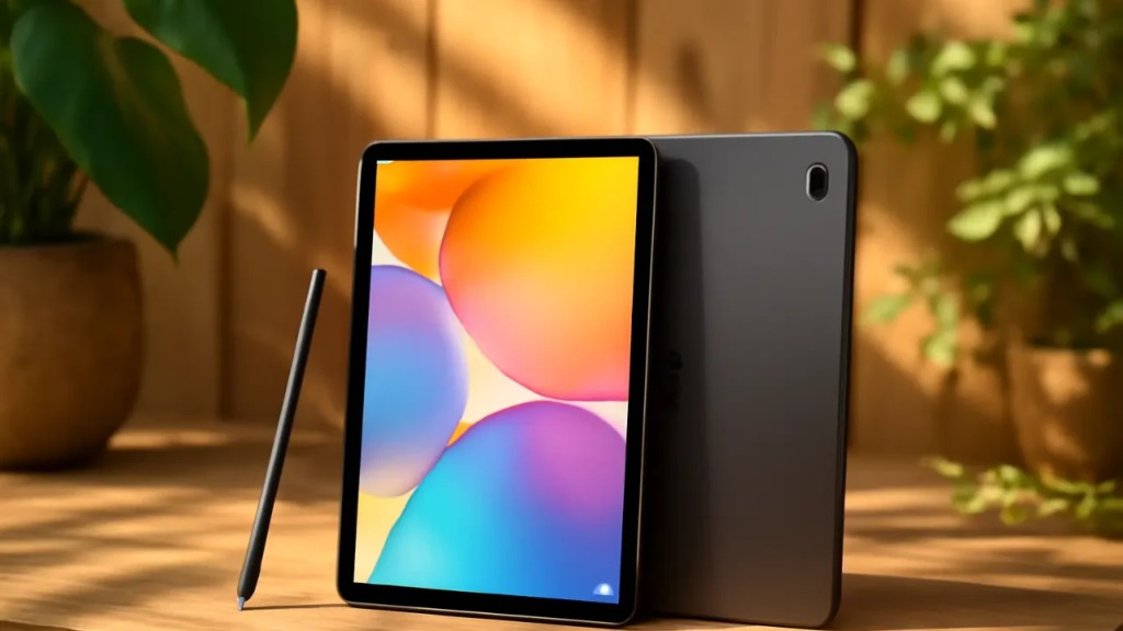 Tablet Samsung Galaxy Tab S10 FE 5G na cor cinza em pé ao lado da S Pen sobre uma mesa de madeira