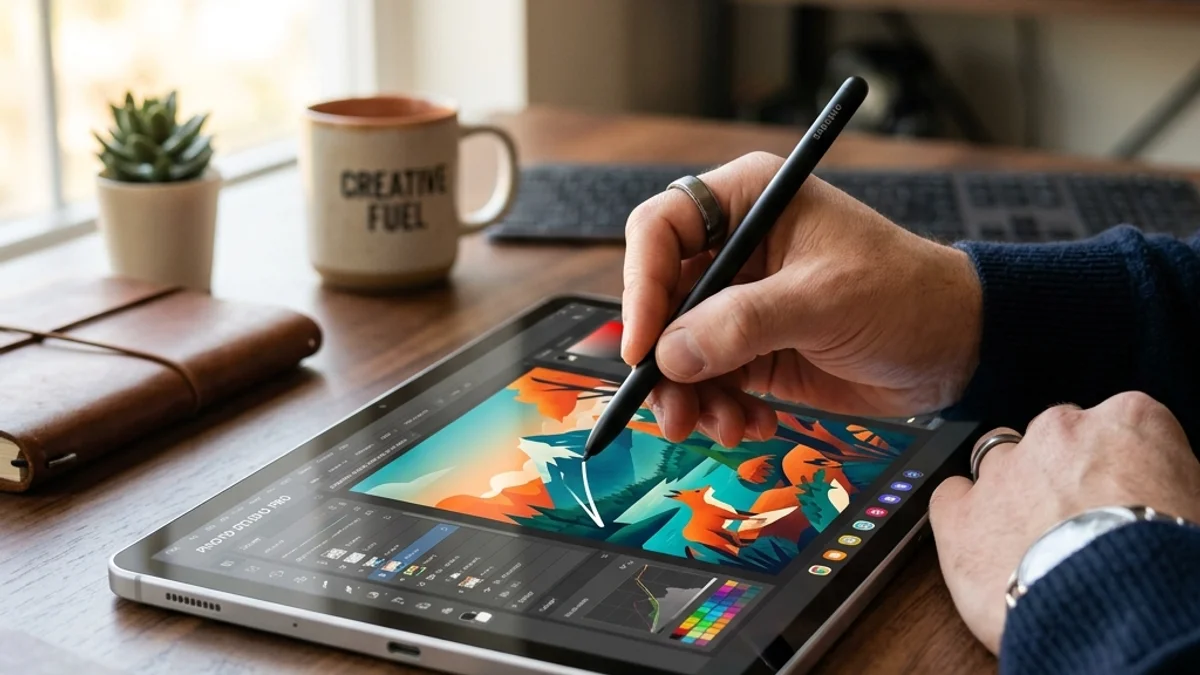 Um Galaxy Tab S11 5G exibindo uma imagem vibrante em sua tela AMOLED, com a S Pen ao lado