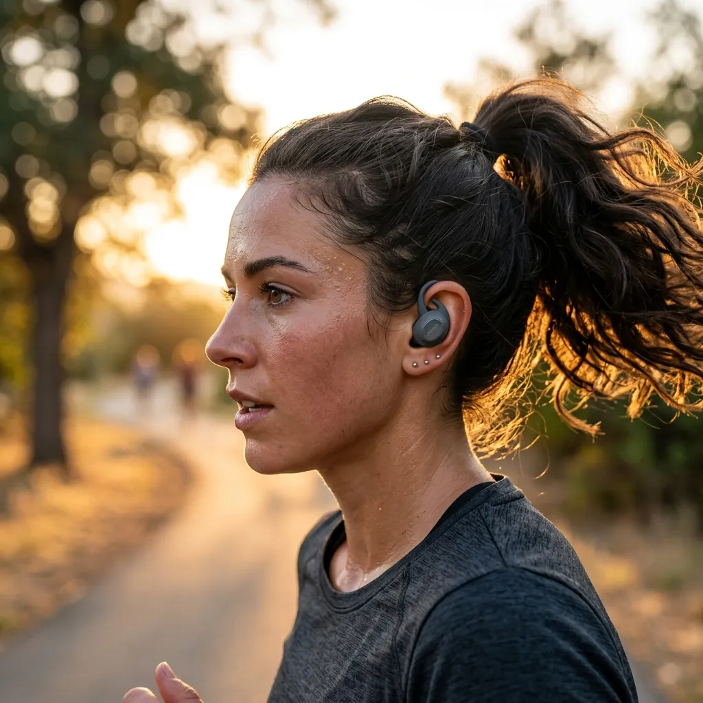 Mulher atleta correndo ao ar livre usando o fone Samsung Galaxy Buds FE de perfil