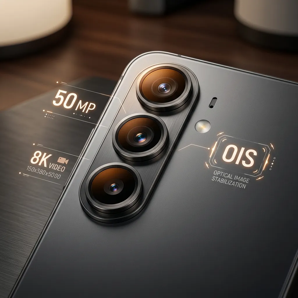 Close-up nos três sensores da câmera do Galaxy S25 com reflexo de luzes quentes estúdio e gráficos HUD de 8K e OIS