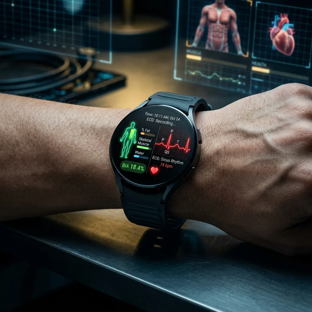 Interface do Galaxy Watch 6 no pulso exibindo gráficos de bioimpedância corporal e monitoramento de batimentos cardíacos com sensor de luz brilhante