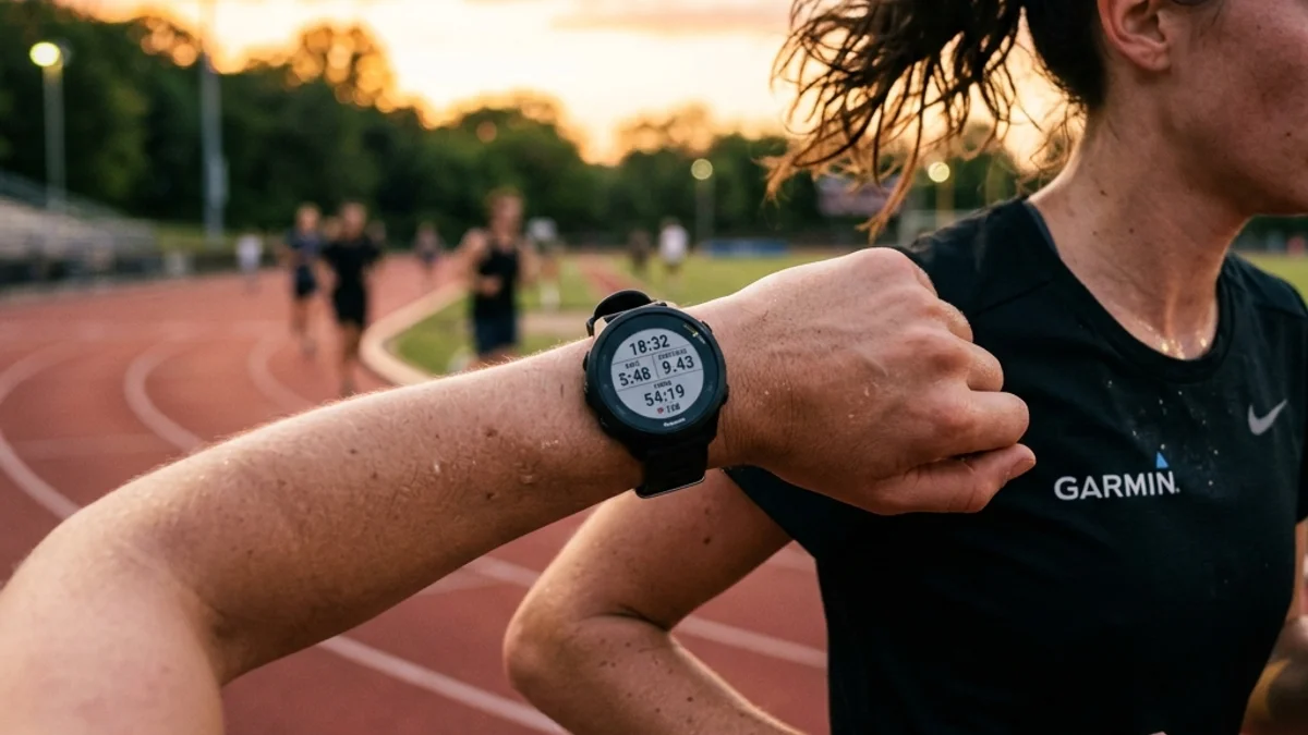 Smartwatch Garmin Forerunner 55 ativo no pulso de um atleta exibindo ritmo e distância em corrida ao pôr do sol