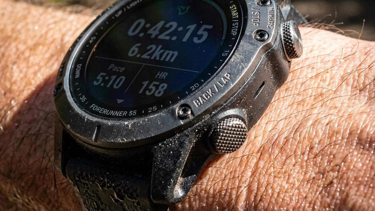 Close macro aproximado mostrando as texturas dos botões de ação e traseira do Garmin Forerunner 55 circular
