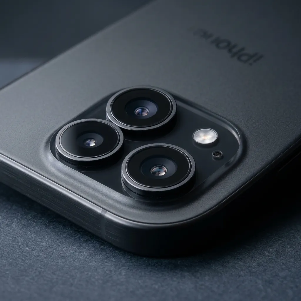 Close-up do sensor de câmera duplo do iPhone 15 com acabamento premium de vidro fosco