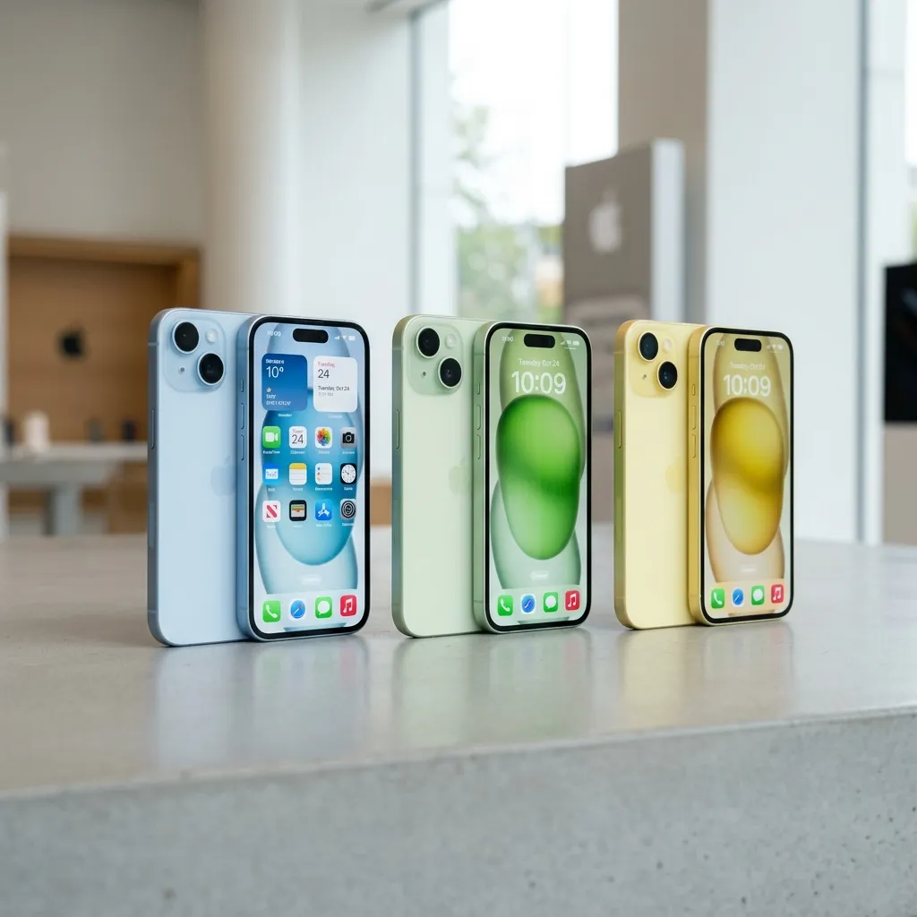 Três modelos do iPhone 15 exibindo a linda traseira de vidro fosco em cores pastéis