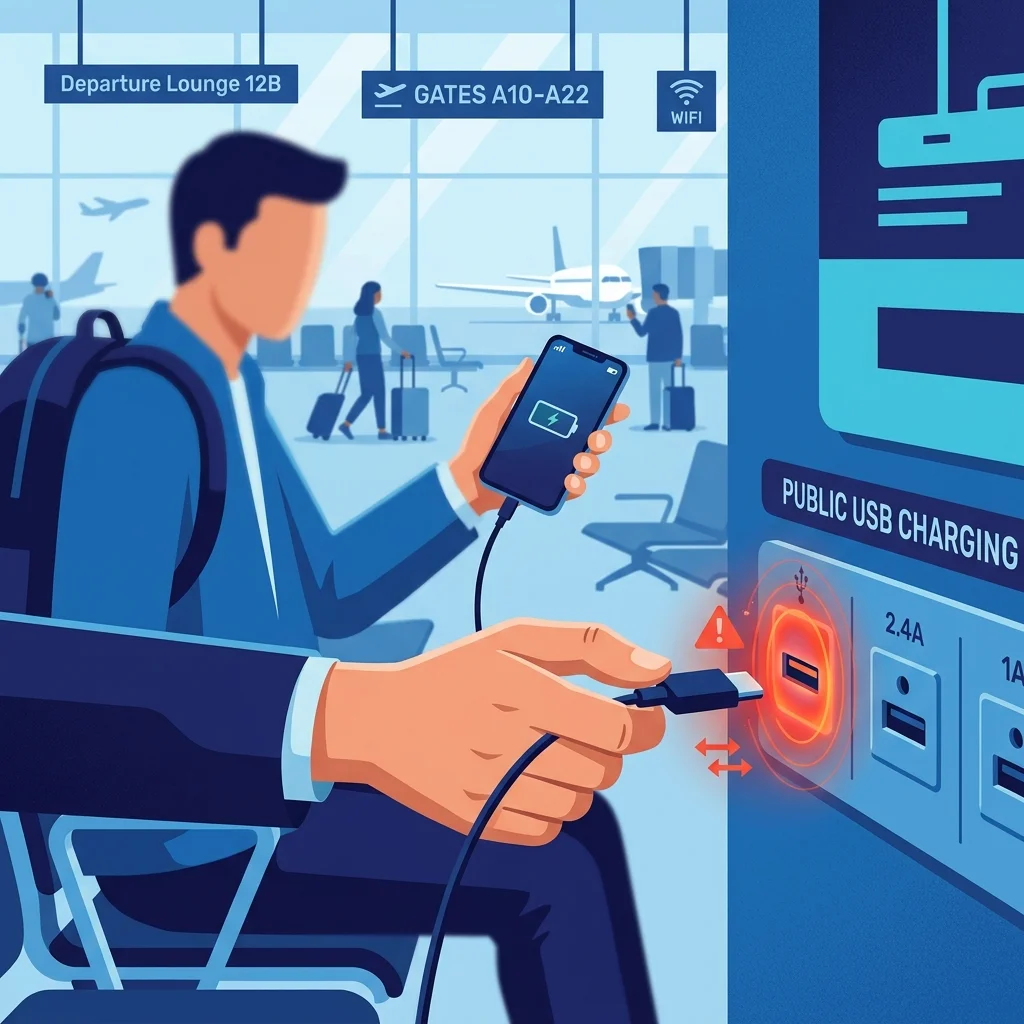 Ilustração técnica do artigo sobre O que é Juice Jacking? O Golpe que Usa Portas USB para Roubar seu Celular [Guia Completo 2026]