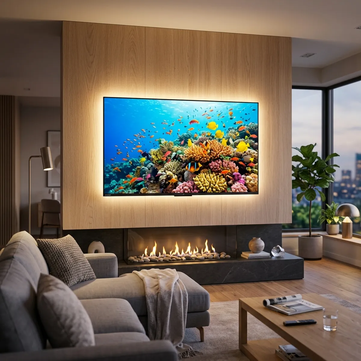 Uma Smart TV de 50 polegadas ultrafina montada em uma luxuosa parede de sala de estar moderna, exibindo um vibrante recife de corais submarino sob iluminação ambiente em LED e luz quente
