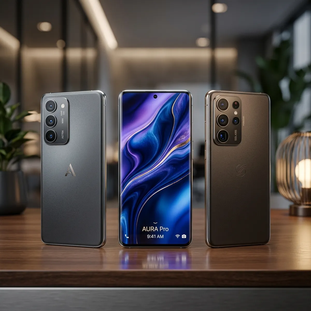 Três smartphones modernos alinhados lado a lado, o do centro com tela ligada exibindo papel de parede abstrato premium e os das laterais mostrando traseiras sofisticadas com múltiplas lentes de câmera em estúdio