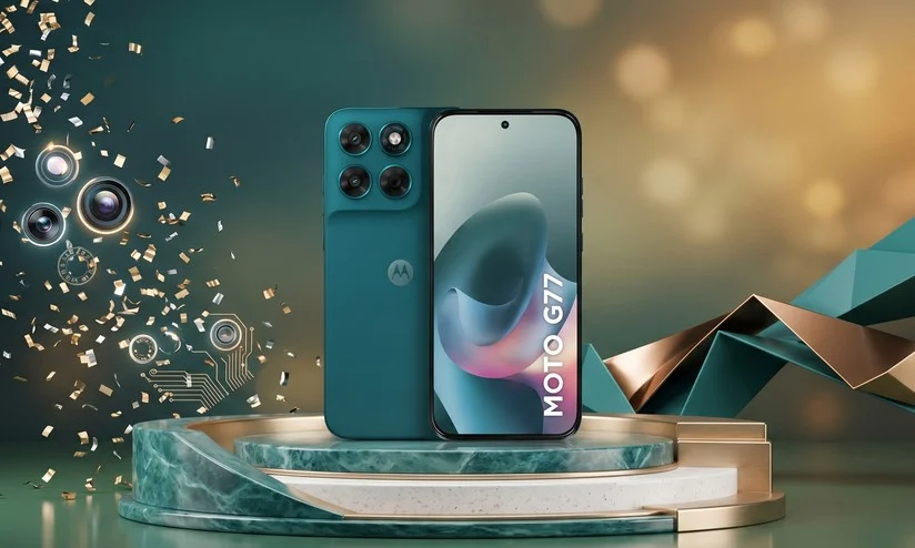 Moto G77 5G na cor azul em destaque em um pódio, mostrando câmeras traseiras e tela AMOLED