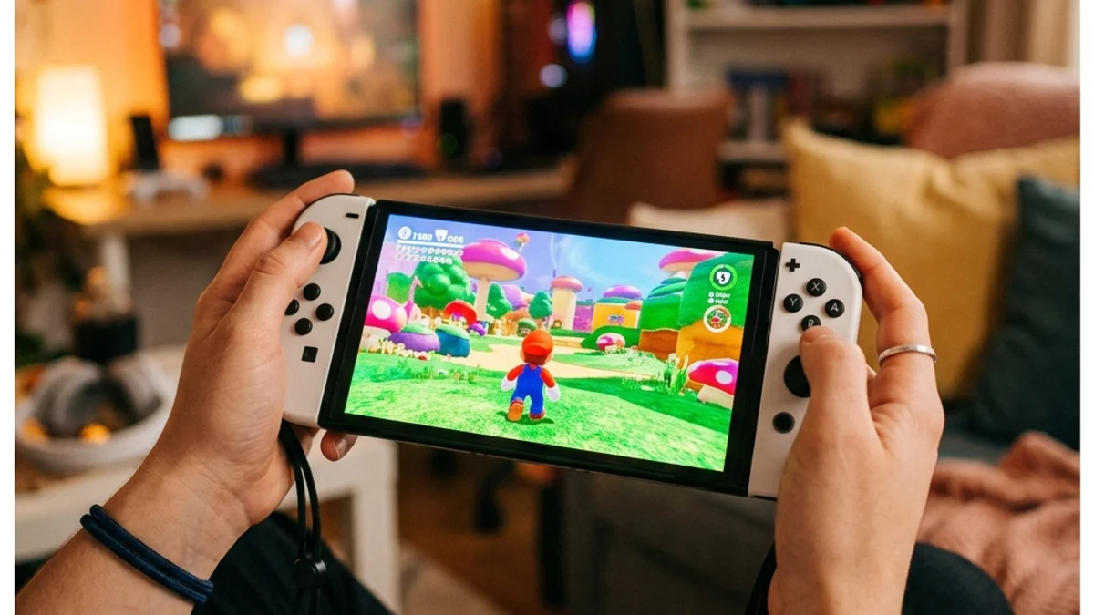 Nintendo Switch OLED em modo portátil jogando Super Mario Bros. Wonder