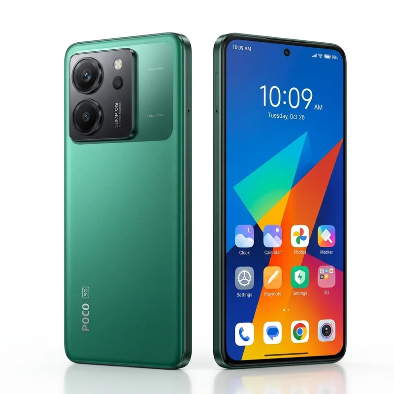 O Xiaomi Poco X7 Pro em verde vibrante exibindo suas linhas limpas e o bloco de câmera tripla de 50 MP ao lado da tela brilhante de 120Hz