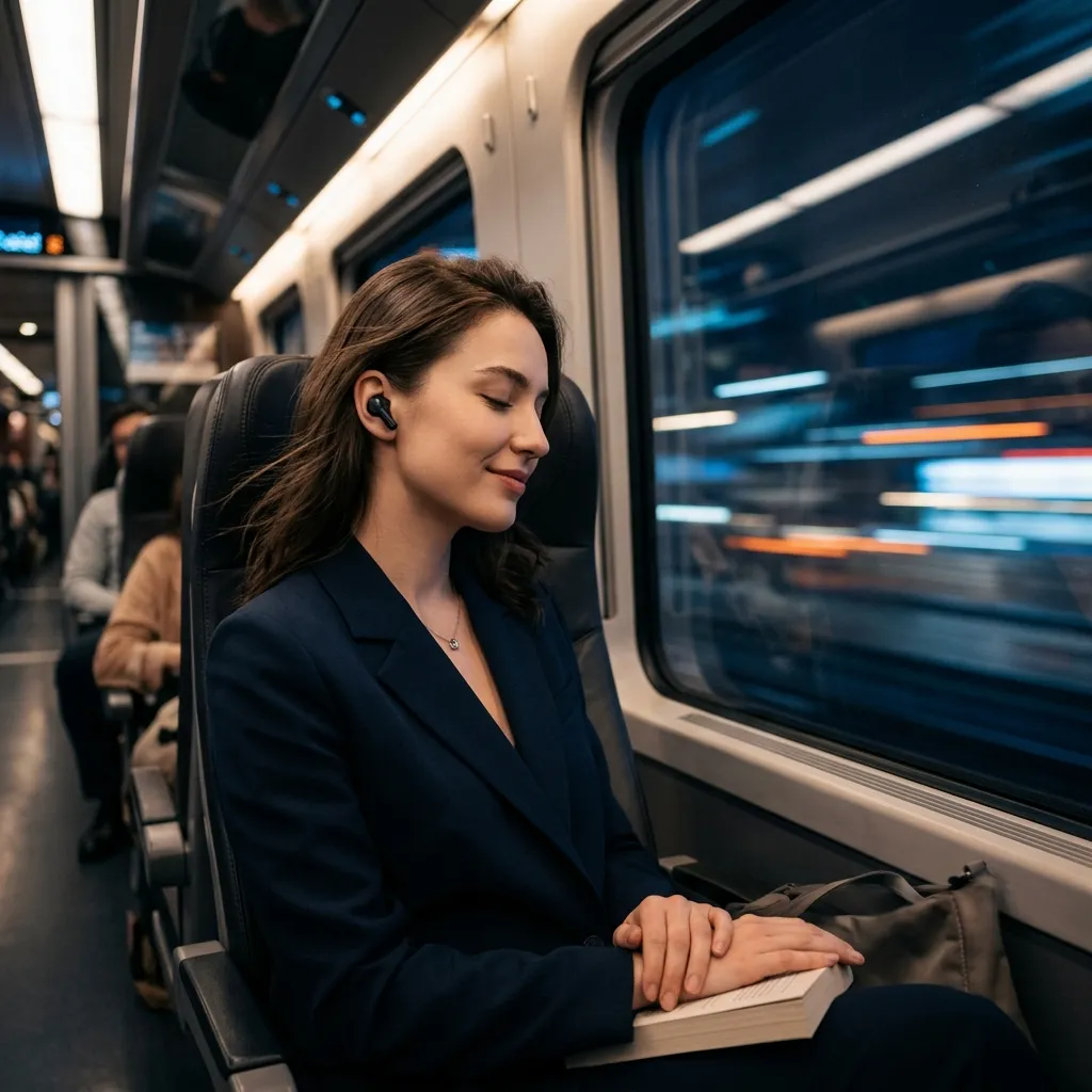 Mulher calma usando o fone de ouvido preto Redmi Buds 5 Pro no metrô urbano