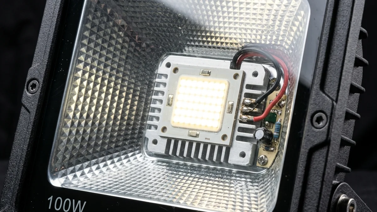 O potente Refletor LED Play 100W Blumenau em acabamento preto instalado em uma moderna parede de concreto externa, projetando um feixe de luz brilhante sobre um jardim ao anoitecer