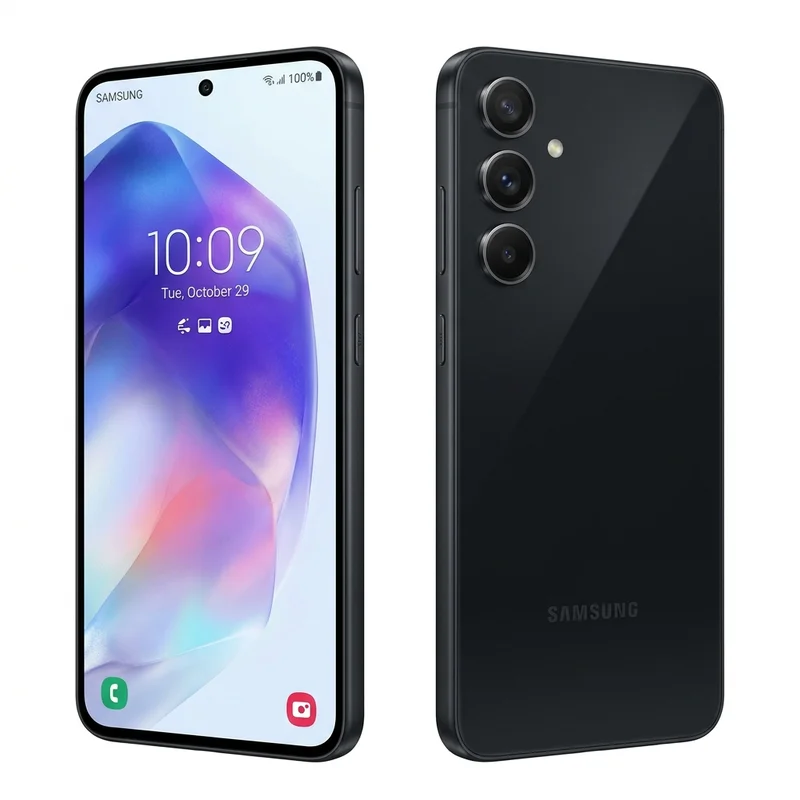 O smartphone Samsung Galaxy A56 5G Preto exibindo tela plana brilhante e sistema de câmeras traseiras triplo minimalista